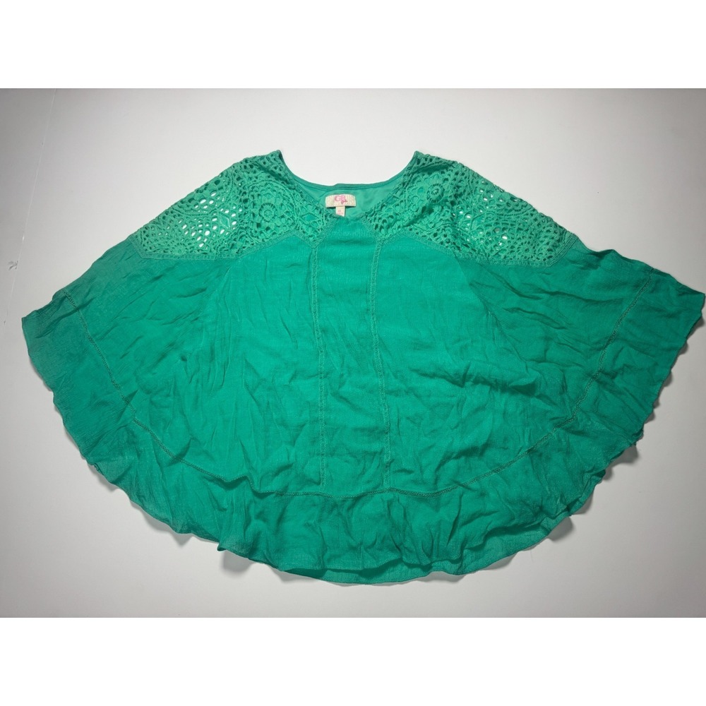 GB Girls Poncho Blouse Top Womens XL Green Crochet Lace Yoke Ruffle Flowy Hem